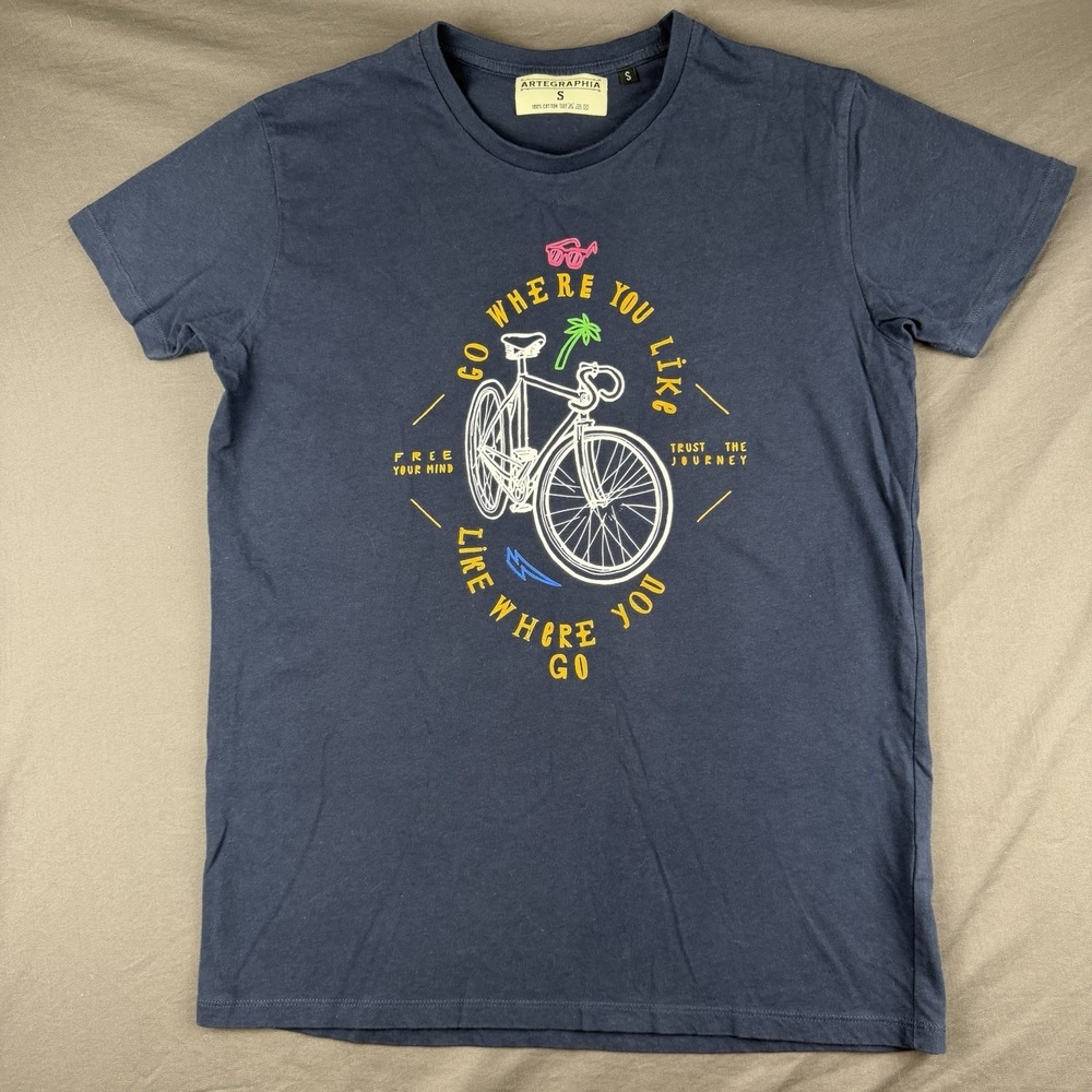 ARTEGRAPHIA Men's Cycling Graphic Print Cotton T-Shirt Navy Blue Short Sleeve S